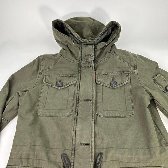 Levi's Women's Hooded Jacket Size Small Army Green Cotton Button Front Jacket - Picture 7 of 14